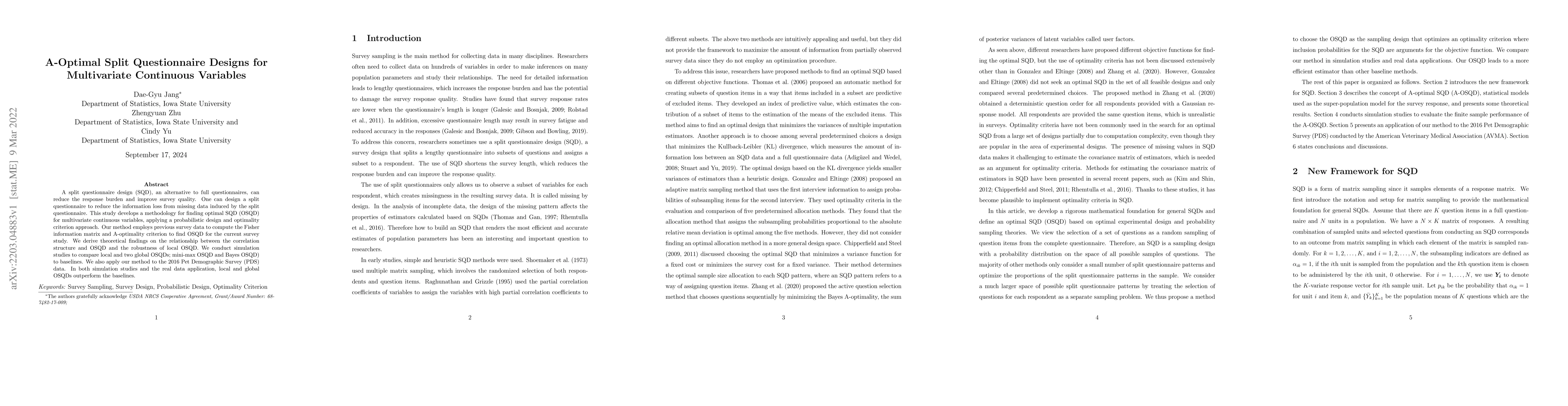 Thumbnail for A-Optimal Split Questionnaire Designs for Multivariate Continuous
  Variables