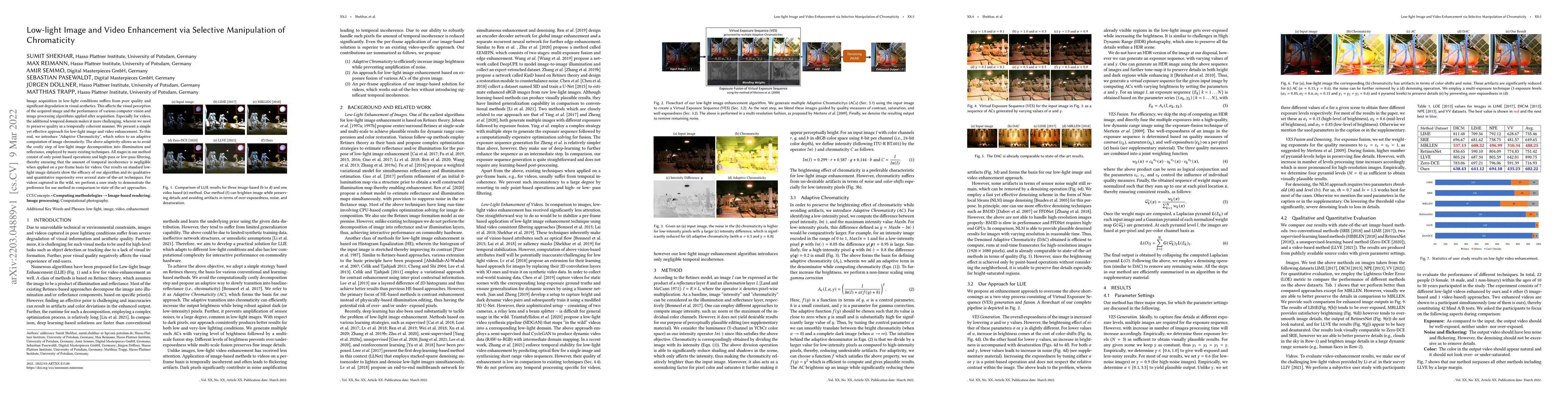 Thumbnail for Low-light Image and Video Enhancement via Selective Manipulation of
  Chromaticity