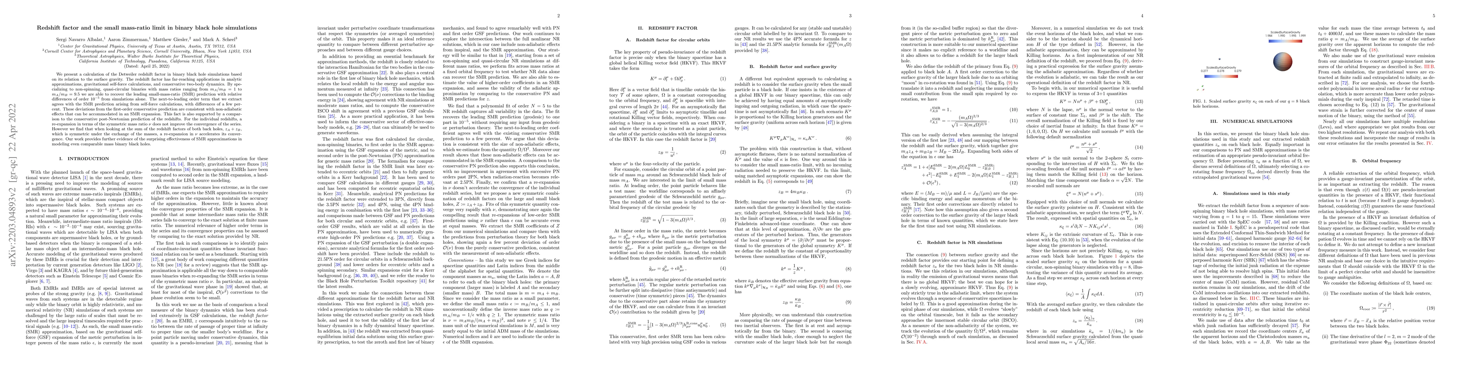 Thumbnail for Redshift factor and the small mass-ratio limit in binary black hole
  simulations