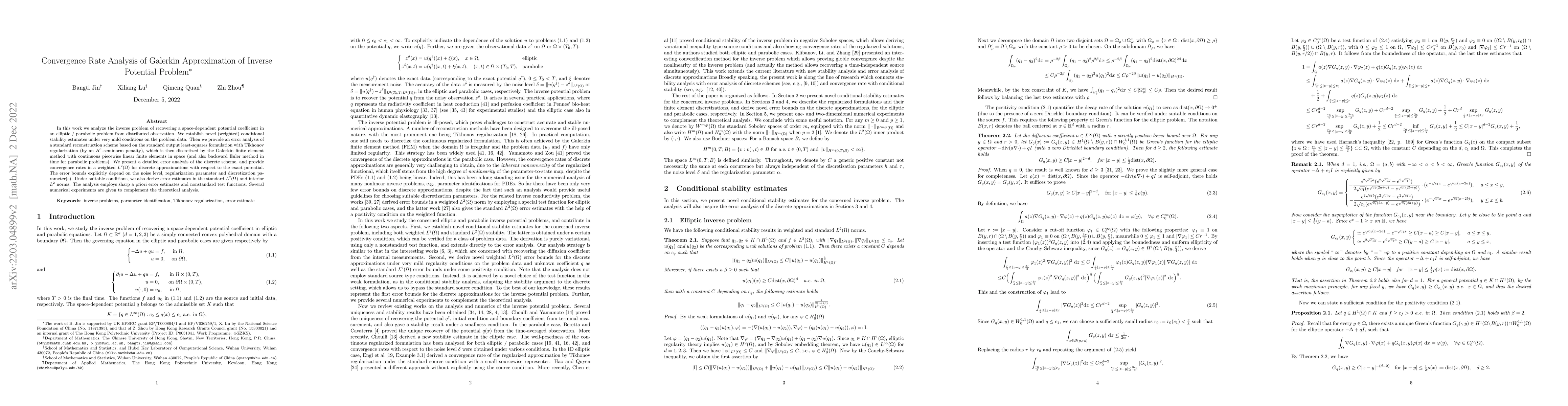 Thumbnail for Convergence Rate Analysis of Galerkin Approximation of Inverse Potential
  Problem