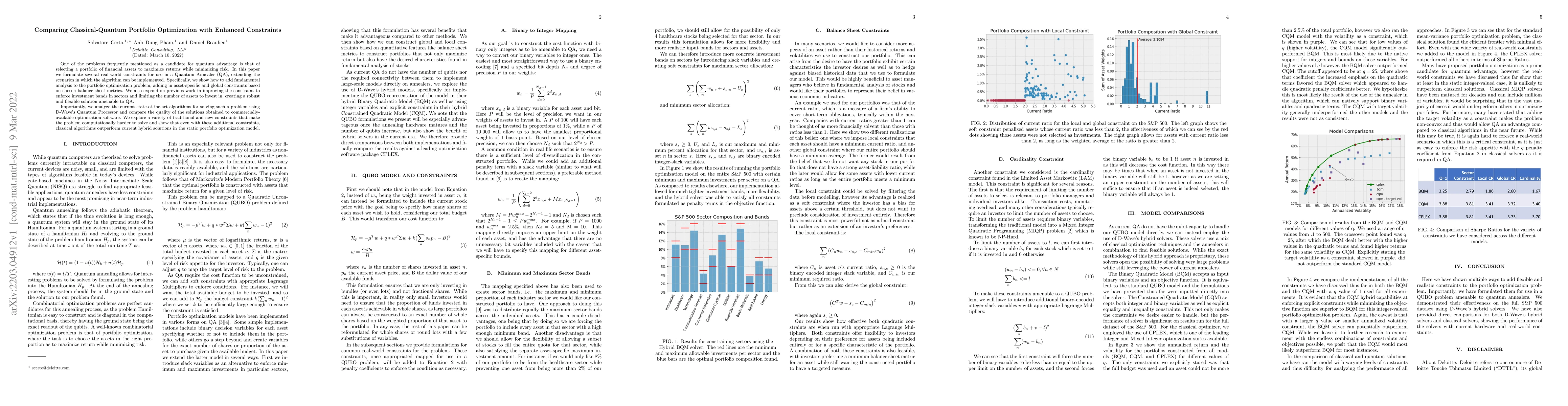 Thumbnail for Comparing Classical-Quantum Portfolio Optimization with Enhanced
  Constraints