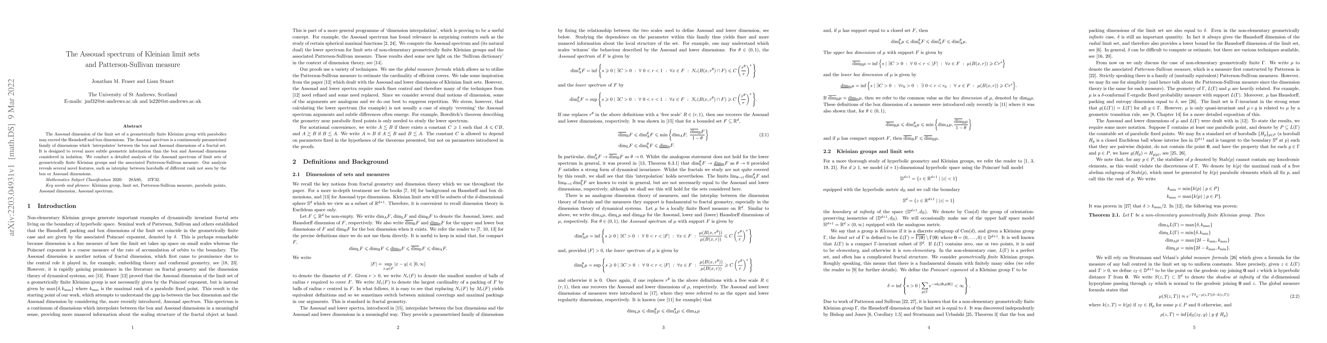 Thumbnail for The Assouad spectrum of Kleinian limit sets and Patterson-Sullivan
  measure