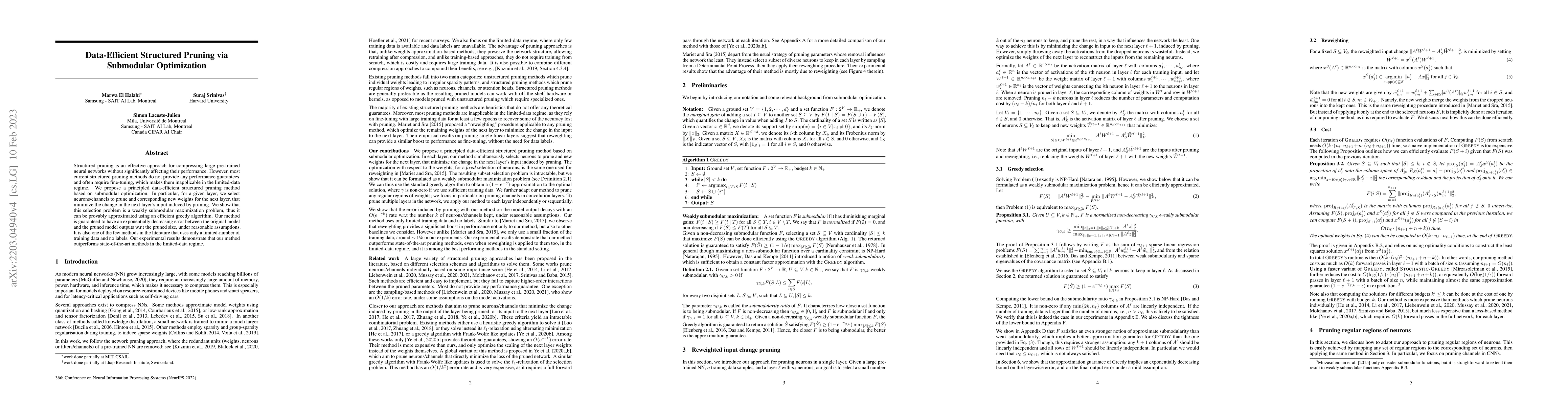 Thumbnail for Data-Efficient Structured Pruning via Submodular Optimization