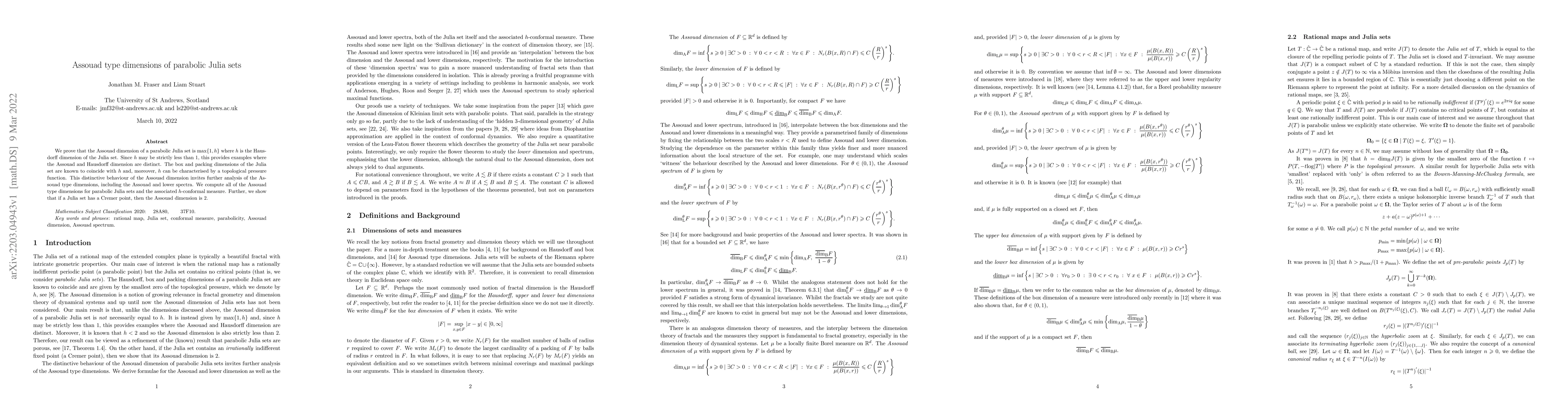 Thumbnail for Assouad type dimensions of parabolic Julia sets