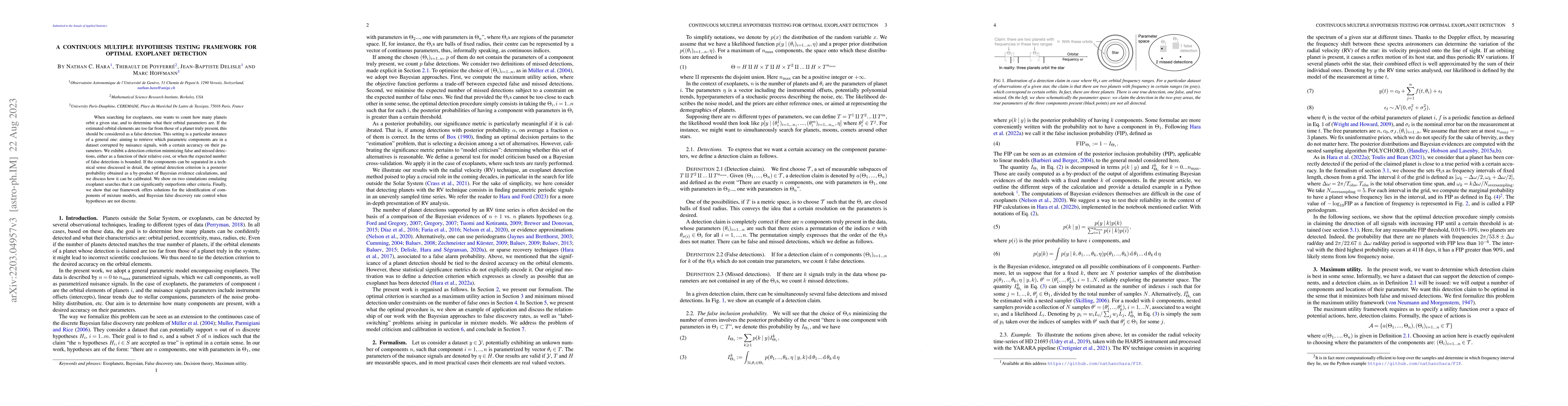 Thumbnail for A continuous multiple hypothesis testing framework for optimal exoplanet
  detection