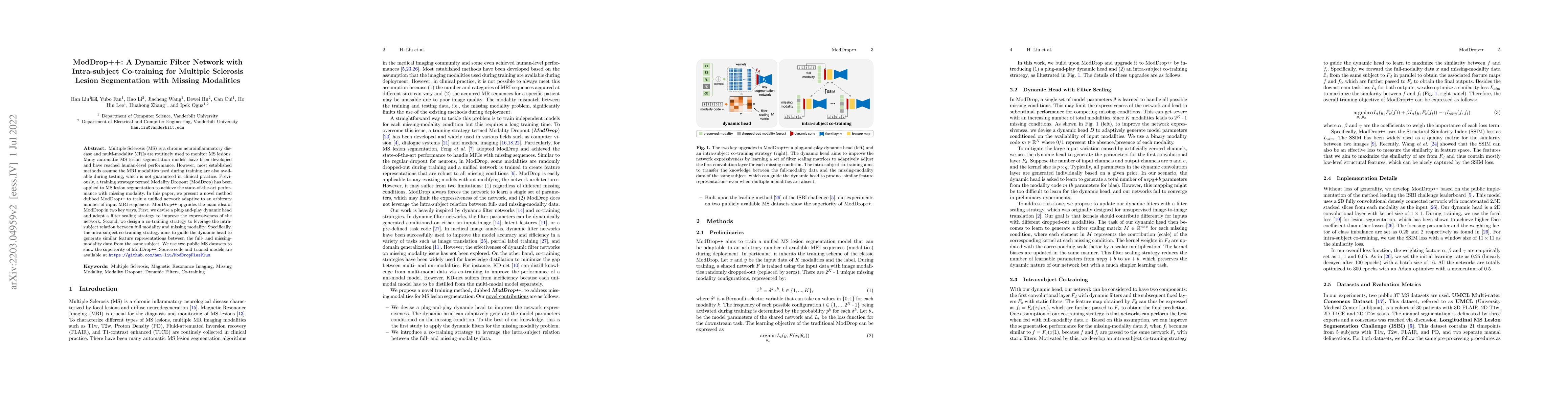 Thumbnail for ModDrop++: A Dynamic Filter Network with Intra-subject Co-training for
  Multiple Sclerosis Lesion Segmentation with Missing Modalities