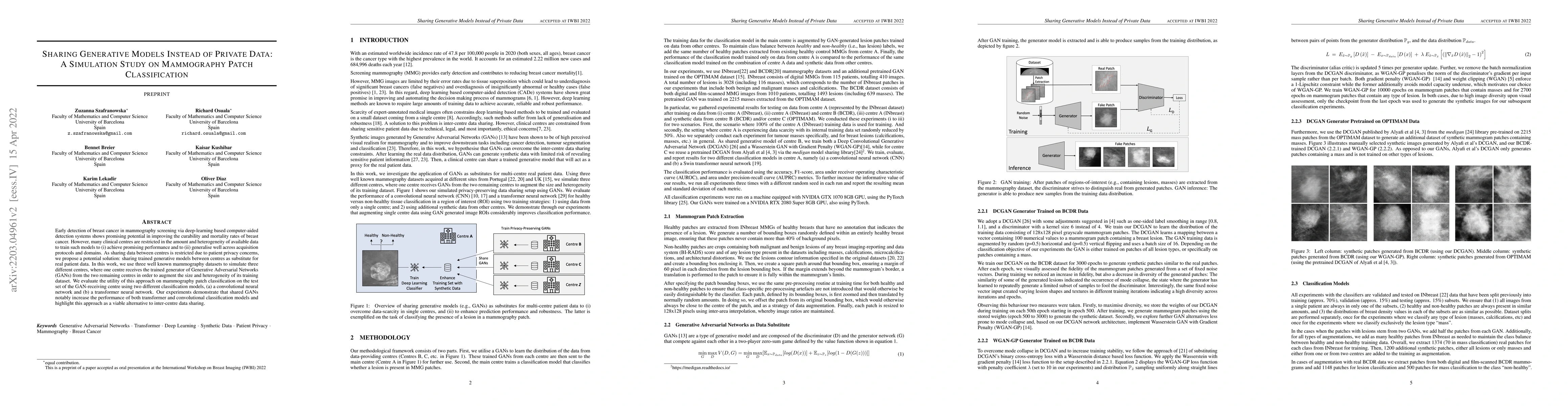 Thumbnail for Sharing Generative Models Instead of Private Data: A Simulation Study on
  Mammography Patch Classification