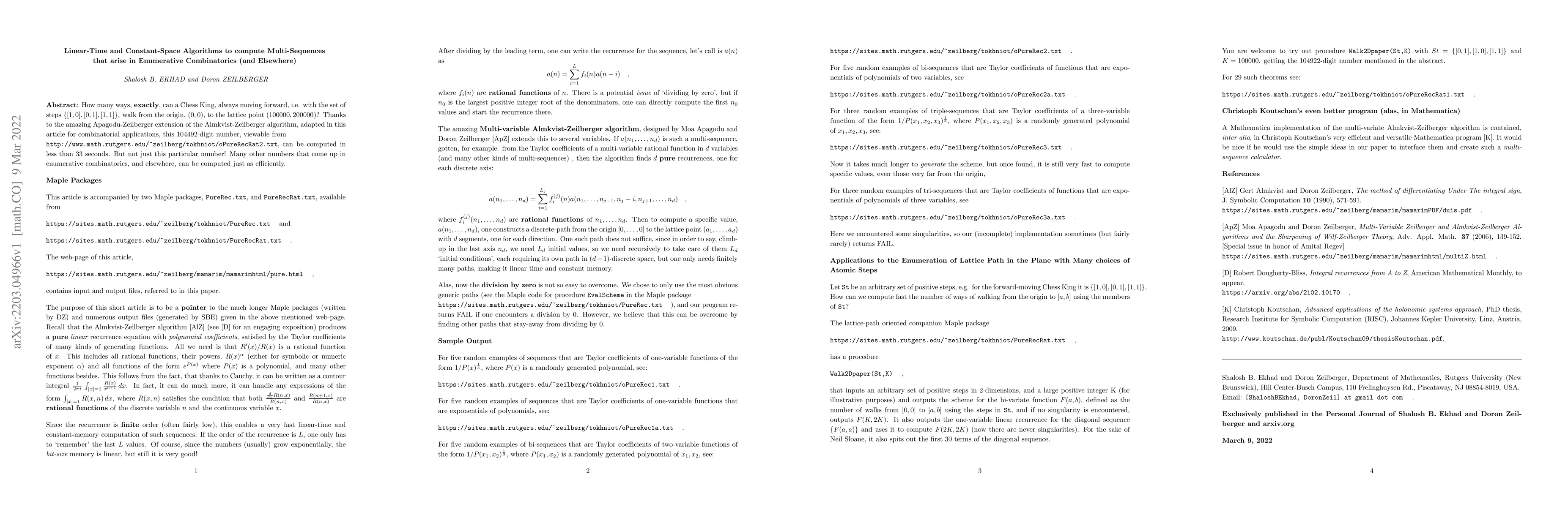 Thumbnail for Linear-Time and Constant-Space Algorithms to compute Multi-Sequences
  that arise in Enumerative Combinatorics (and Elsewhere)