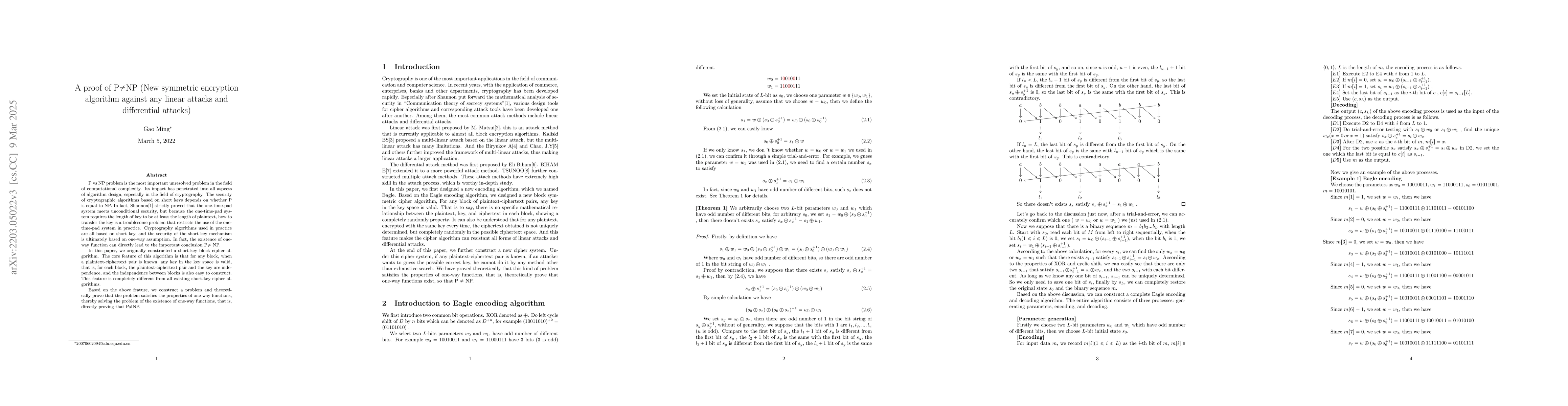 Thumbnail for A proof of P != NP (New symmetric encryption algorithm against any
  linear attacks and differential attacks)