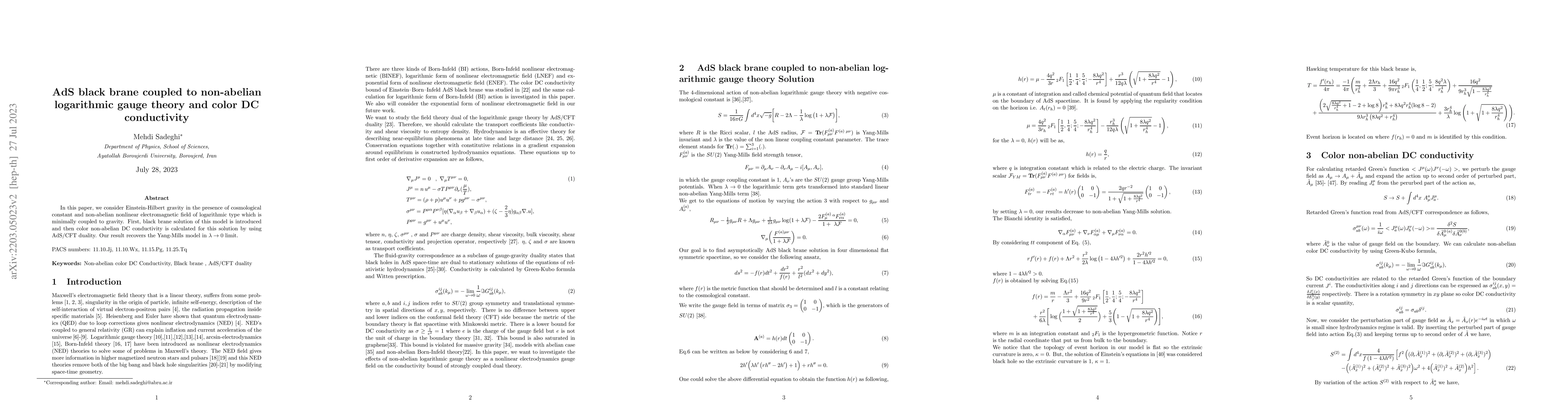 Thumbnail for AdS black brane coupled to non-abelian logarithmic gauge theory and
  color DC conductivity