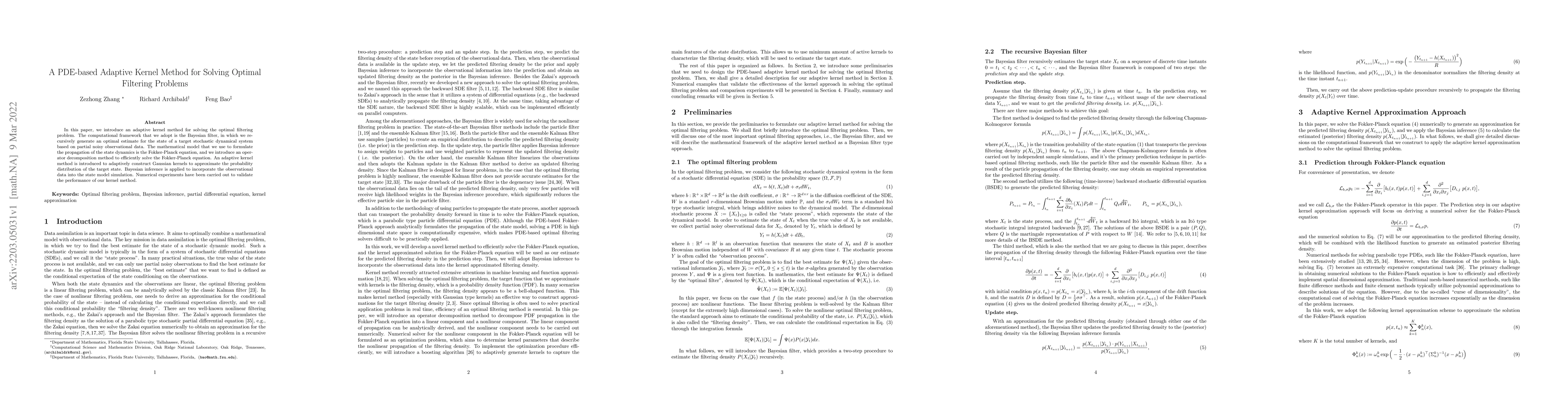 Thumbnail for A PDE-based Adaptive Kernel Method for Solving Optimal Filtering
  Problems