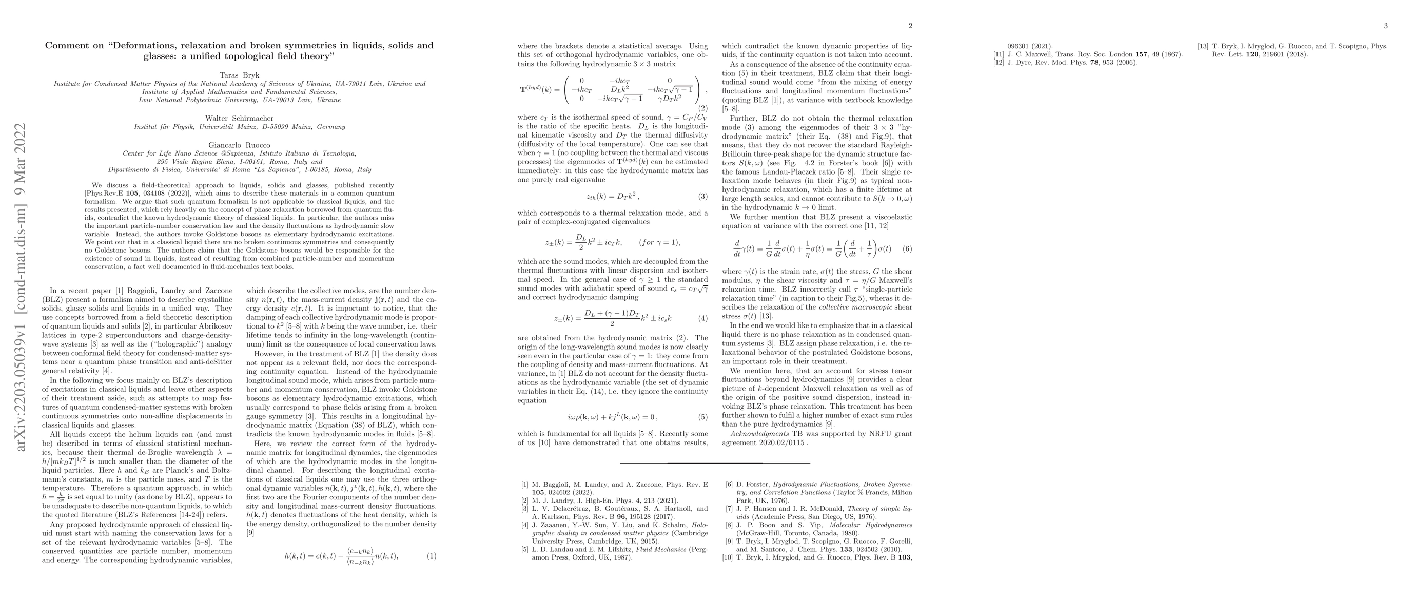 Thumbnail for Comment on "Deformations, relaxation and broken symmetries in liquids,
  solids and glasses: a unified topological field theory"