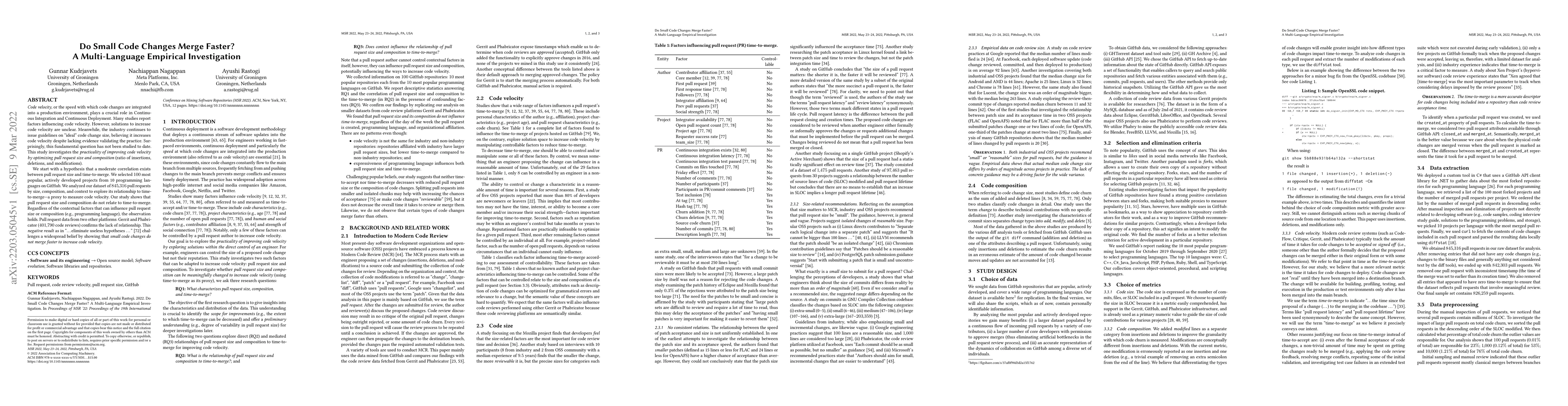 Thumbnail for Do Small Code Changes Merge Faster? A Multi-Language Empirical
  Investigation