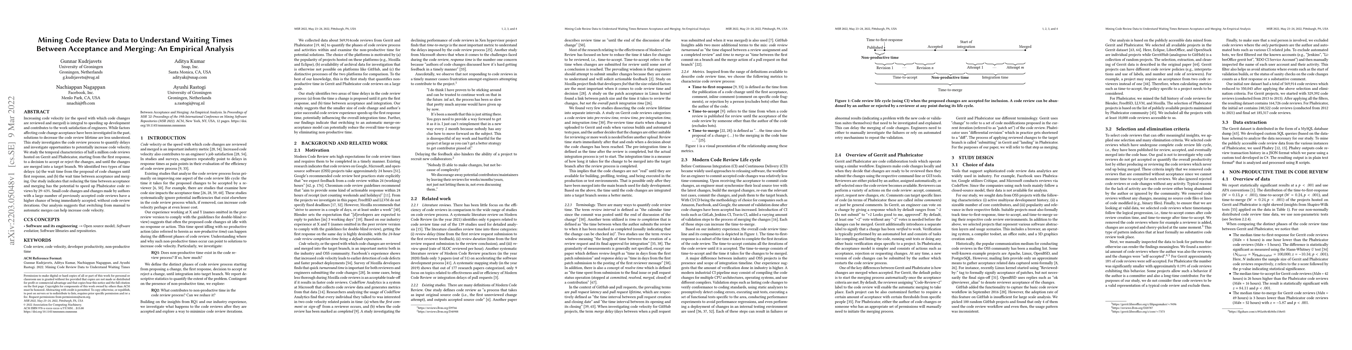 Thumbnail for Mining Code Review Data to Understand Waiting Times Between Acceptance
  and Merging: An Empirical Analysis