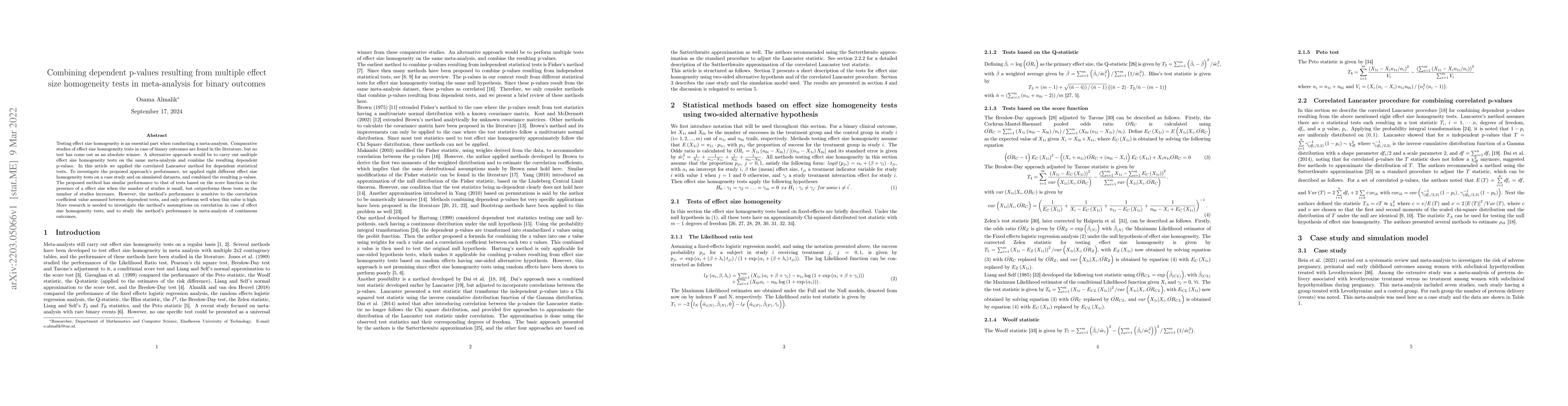 Thumbnail for Combining dependent p-values resulting from multiple effect size
  homogeneity tests in meta-analysis for binary outcomes