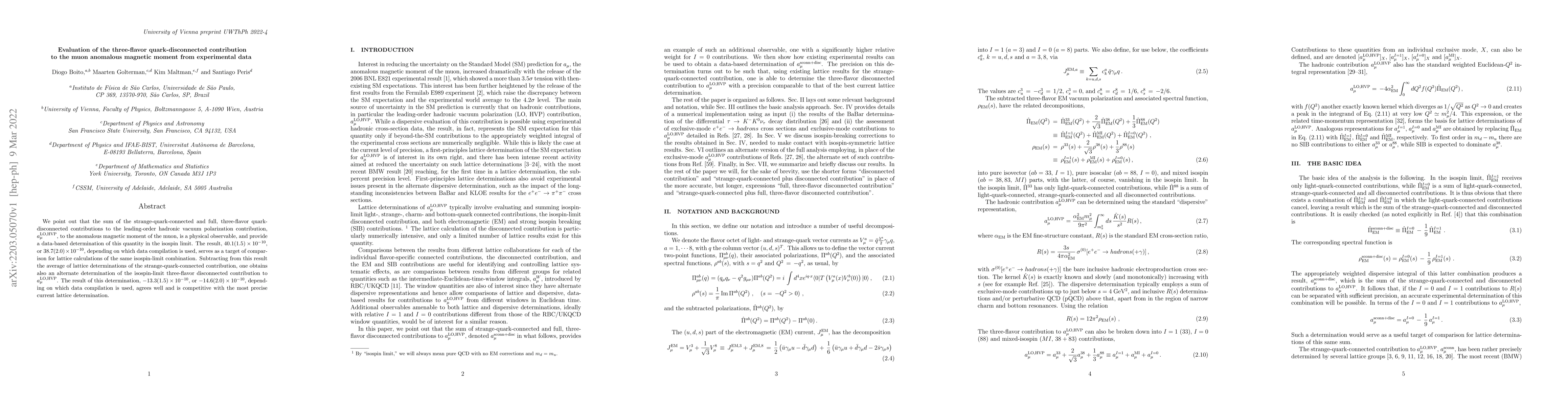 Thumbnail for Evaluation of the three-flavor quark-disconnected contribution to the
  muon anomalous magnetic moment from experimental data