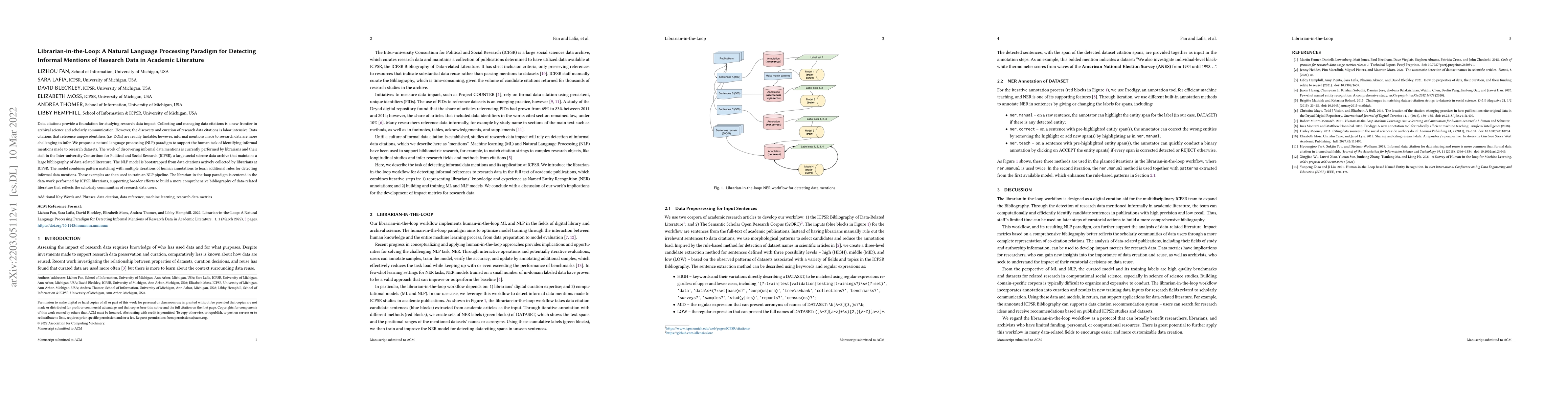 Thumbnail for Librarian-in-the-Loop: A Natural Language Processing Paradigm for
  Detecting Informal Mentions of Research Data in Academic Literature