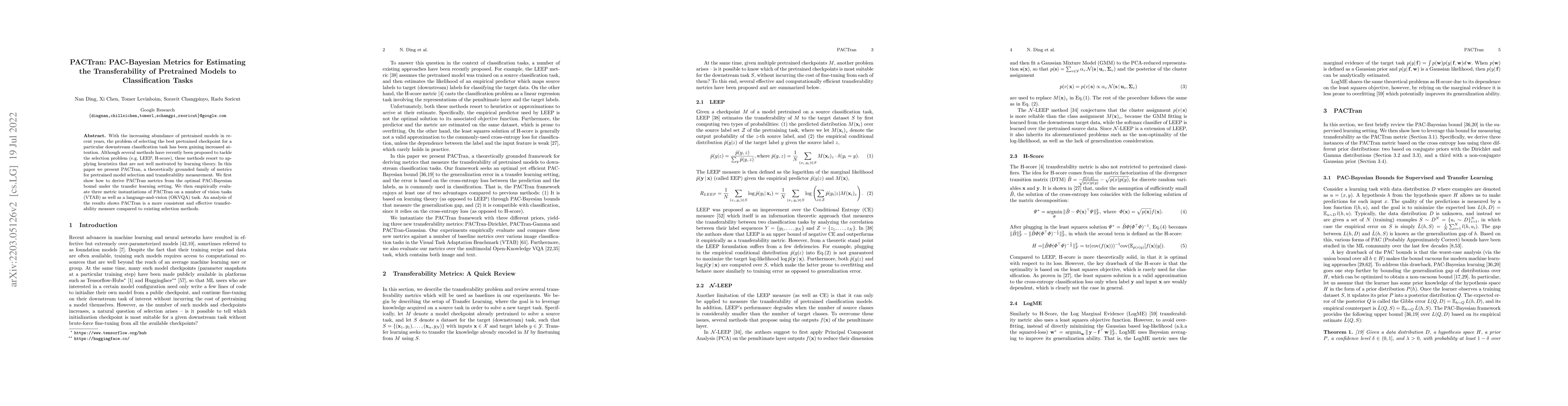 Thumbnail for PACTran: PAC-Bayesian Metrics for Estimating the Transferability of
  Pretrained Models to Classification Tasks