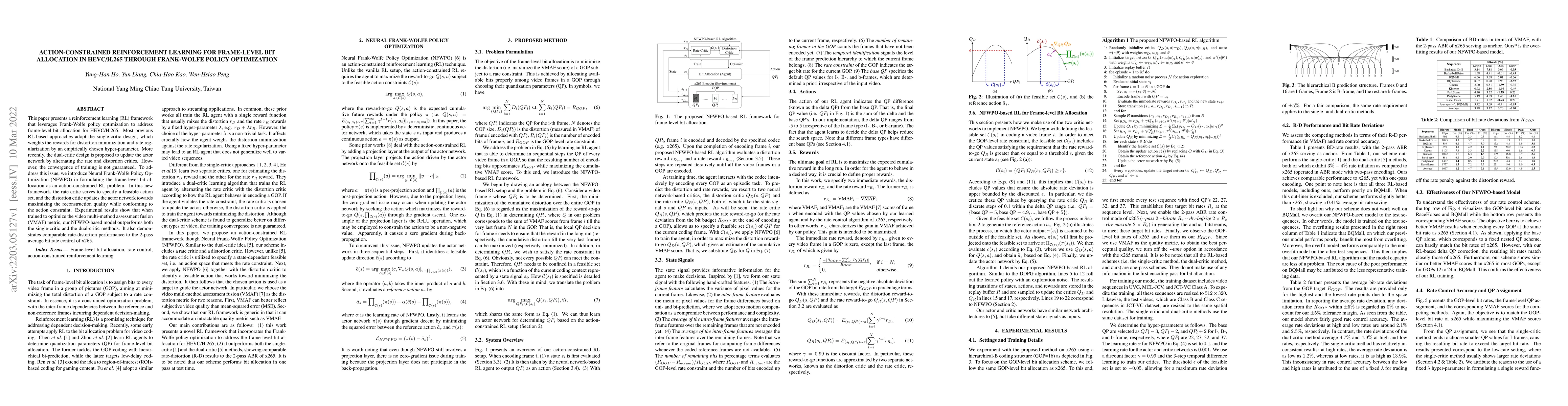Thumbnail for Action-Constrained Reinforcement Learning for Frame-Level Bit Allocation
  in HEVC/H.265 through Frank-Wolfe Policy Optimization
