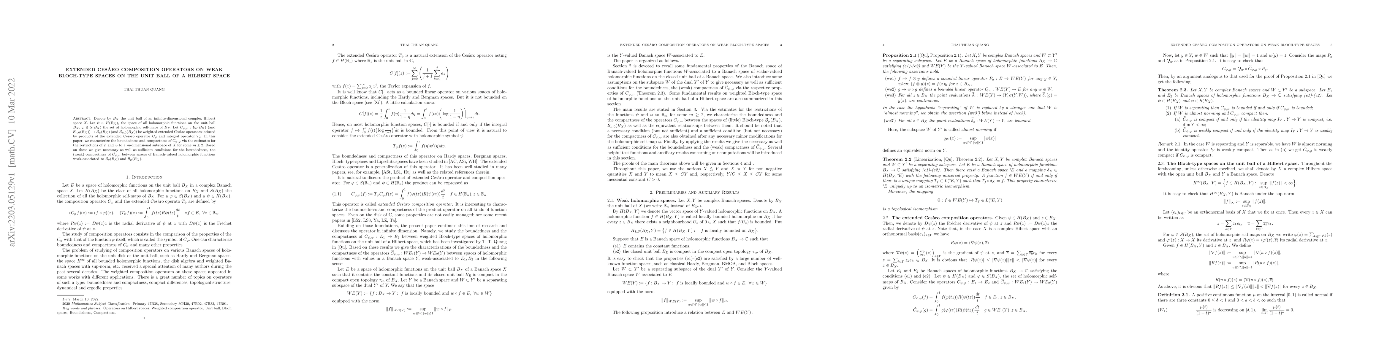 Thumbnail for Extended Ces\`aro composition operators on weak Bloch-type spaces on the
  unit ball of a Hilbert space