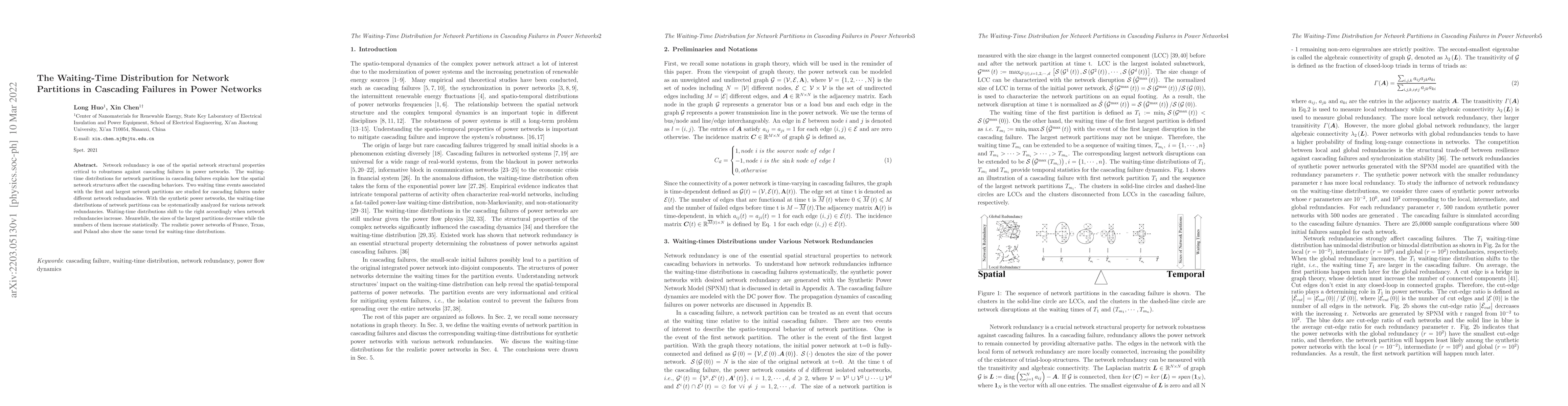Thumbnail for The Waiting-Time Distribution for Network Partitions in Cascading
  Failures in Power Networks