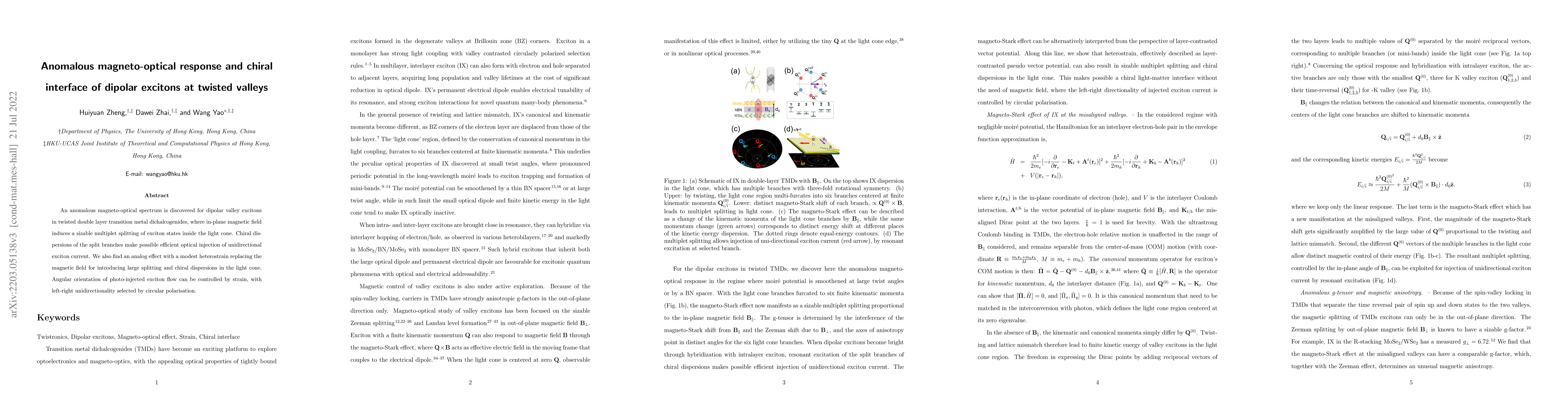 Thumbnail for Anomalous magneto-optical response and chiral interface of dipolar
  excitons at twisted valleys