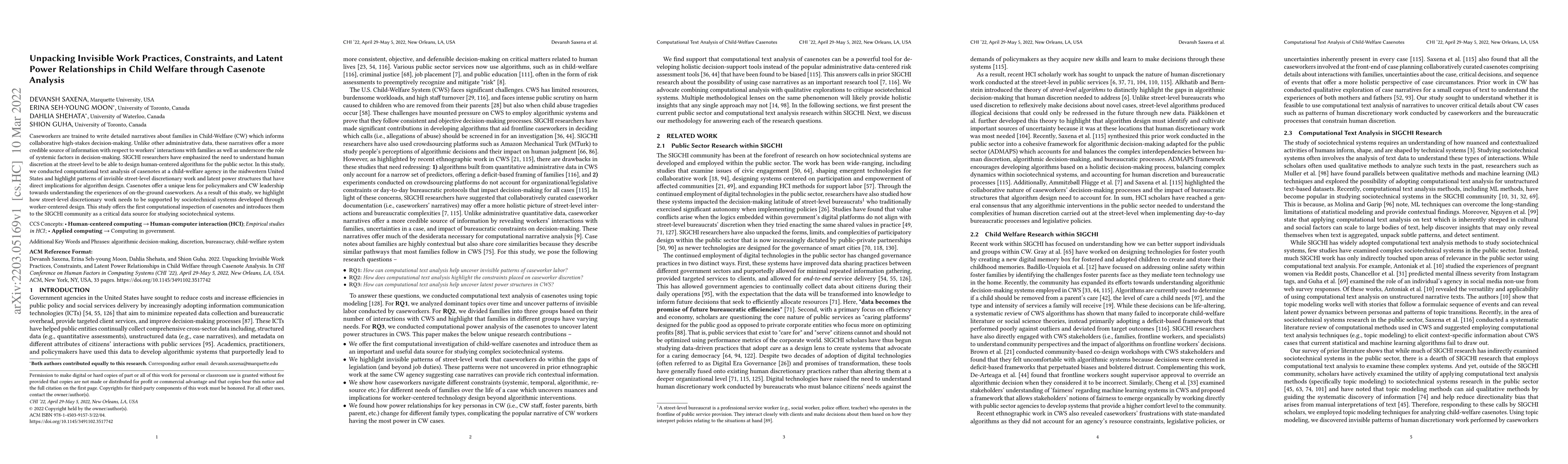 Thumbnail for Unpacking Invisible Work Practices, Constraints, and Latent Power
  Relationships in Child Welfare through Casenote Analysis