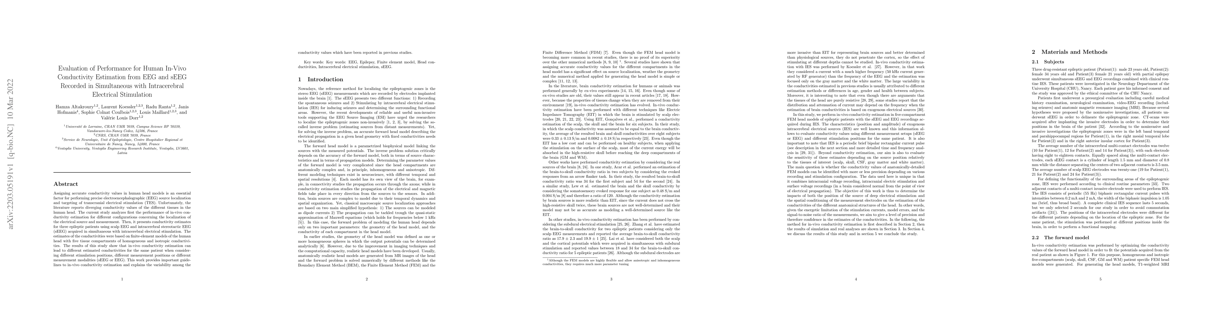 Thumbnail for Evaluation of Performance for Human In-Vivo Conductivity Estimation from
  EEG and sEEG Recorded in Simultaneous with Intracerebral Electrical
  Stimulation