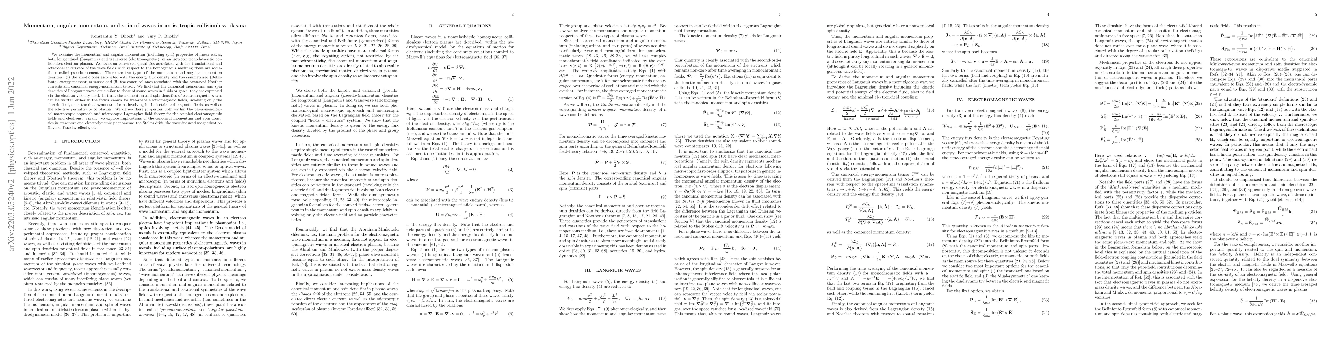 Thumbnail for Momentum, angular momentum, and spin of waves in an isotropic
  collisionless plasma
