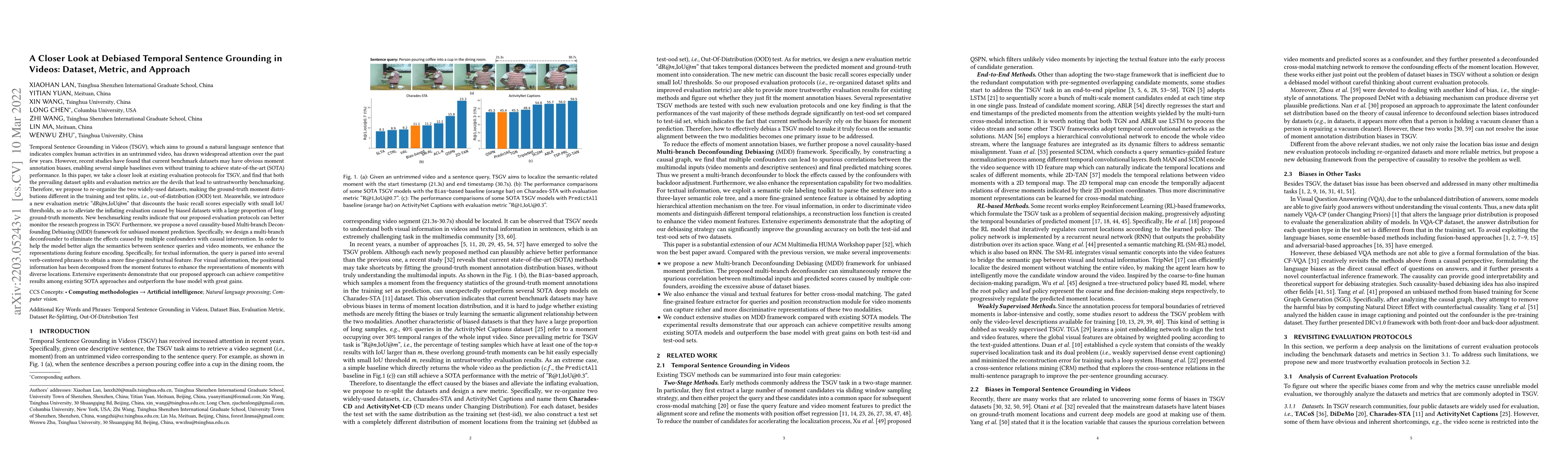 Thumbnail for A Closer Look at Debiased Temporal Sentence Grounding in Videos:
  Dataset, Metric, and Approach