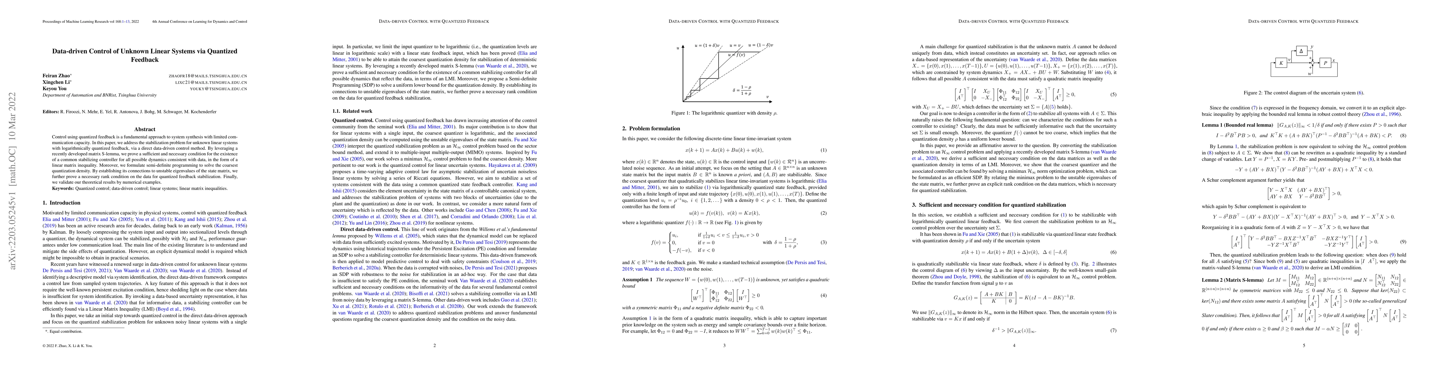 Thumbnail for Data-driven Control of Unknown Linear Systems via Quantized Feedback