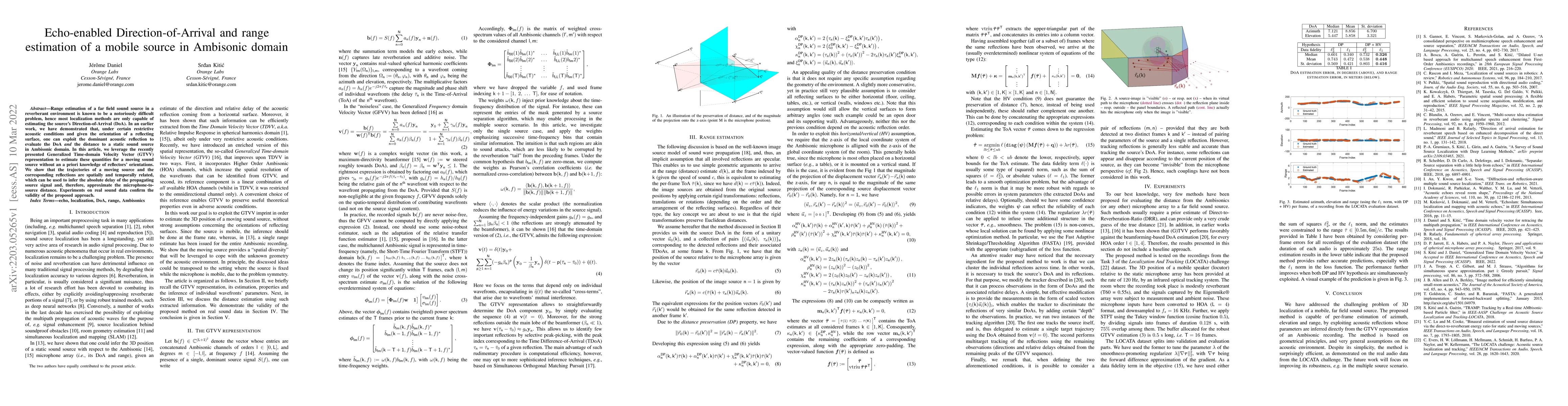 Thumbnail for Echo-enabled Direction-of-Arrival and range estimation of a mobile
  source in Ambisonic domain