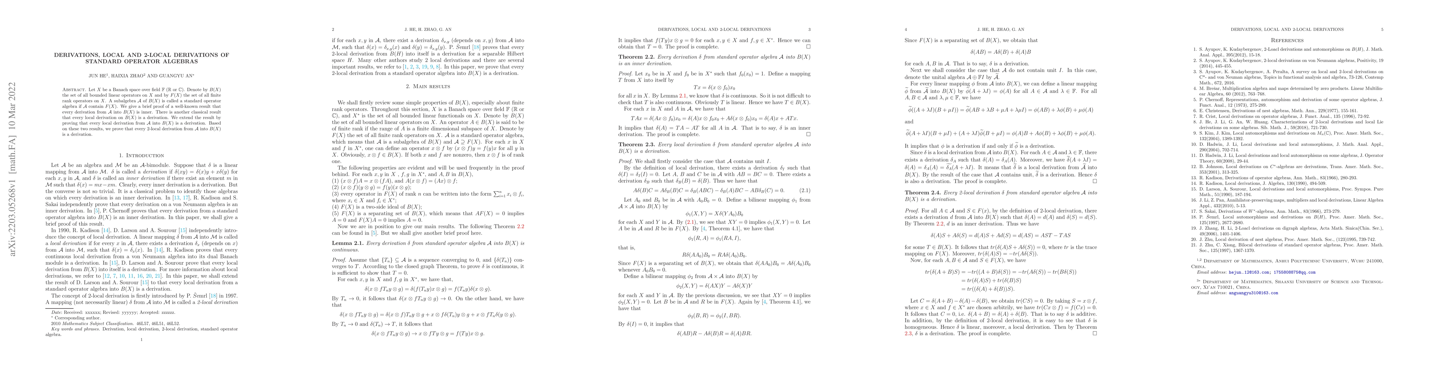 Thumbnail for Derivations, local and 2-local derivations of standard operator algebras