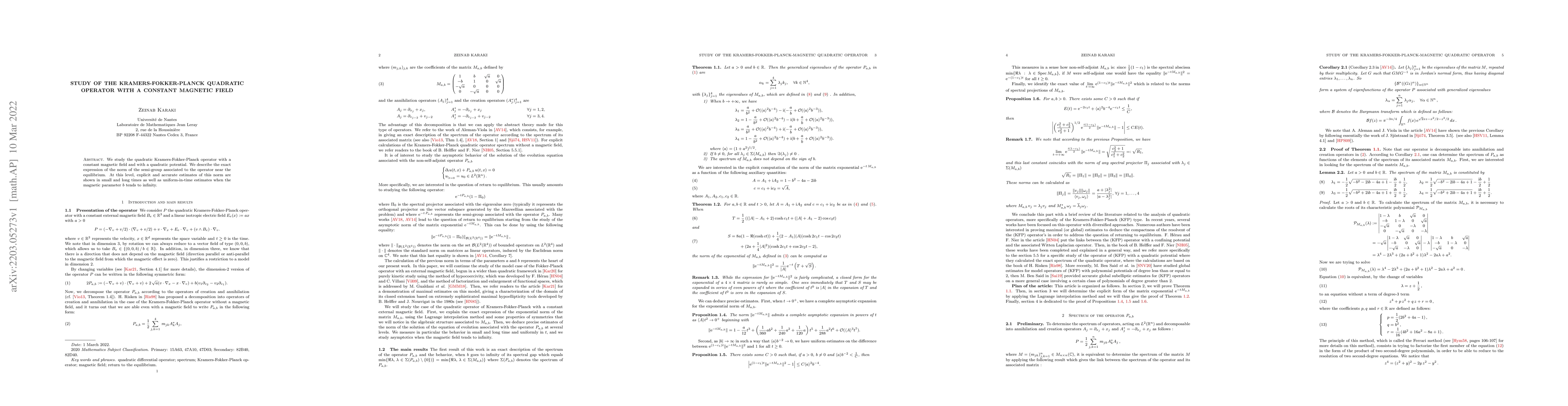 Thumbnail for Study of the Kramers-Fokker-Planck quadratic operator with a constant
  magnetic field