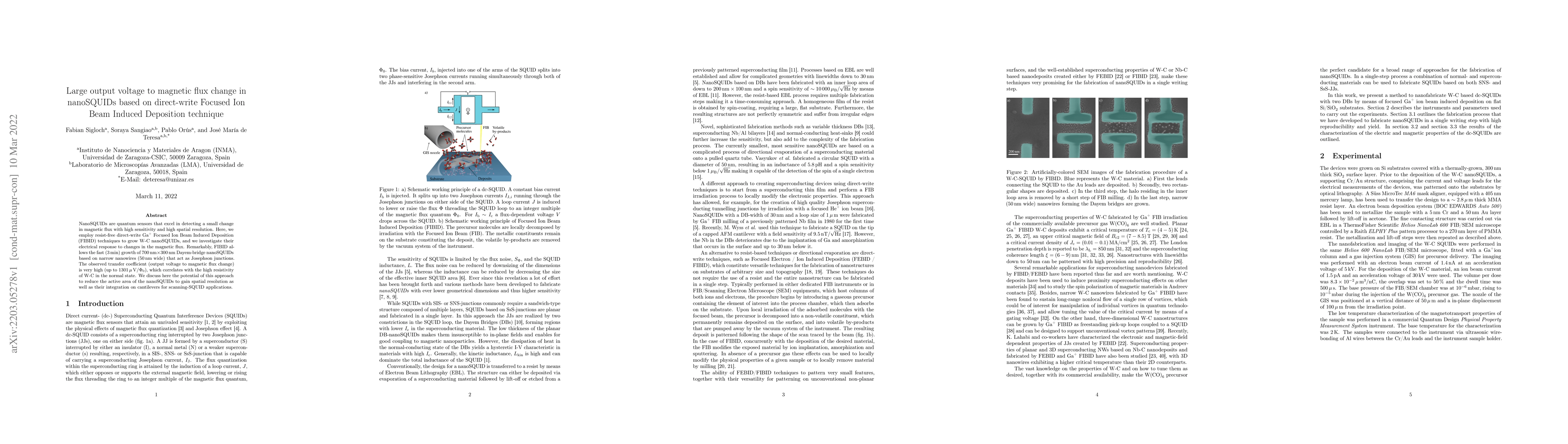 Thumbnail for Large output voltage to magnetic flux change in nanoSQUIDs based on
  direct-write Focused Ion Beam Induced Deposition technique