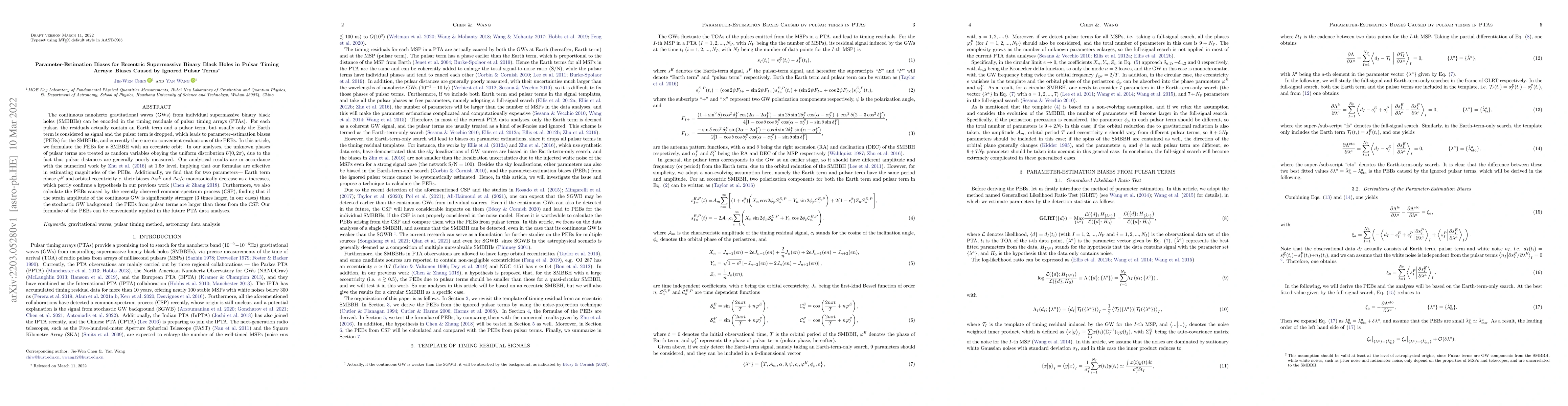 Thumbnail for Parameter-Estimation Biases for Eccentric Supermassive Binary Black
  Holes in Pulsar Timing Arrays: Biases Caused by Ignored Pulsar Terms