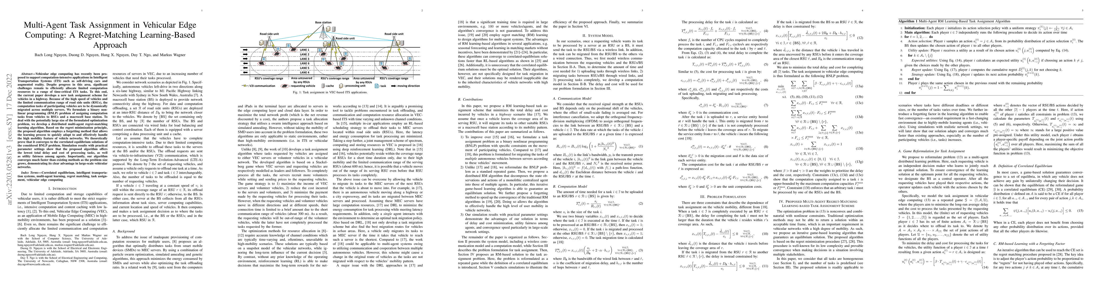 Thumbnail for Multi-Agent Task Assignment in Vehicular Edge Computing: A
  Regret-Matching Learning-Based Approach