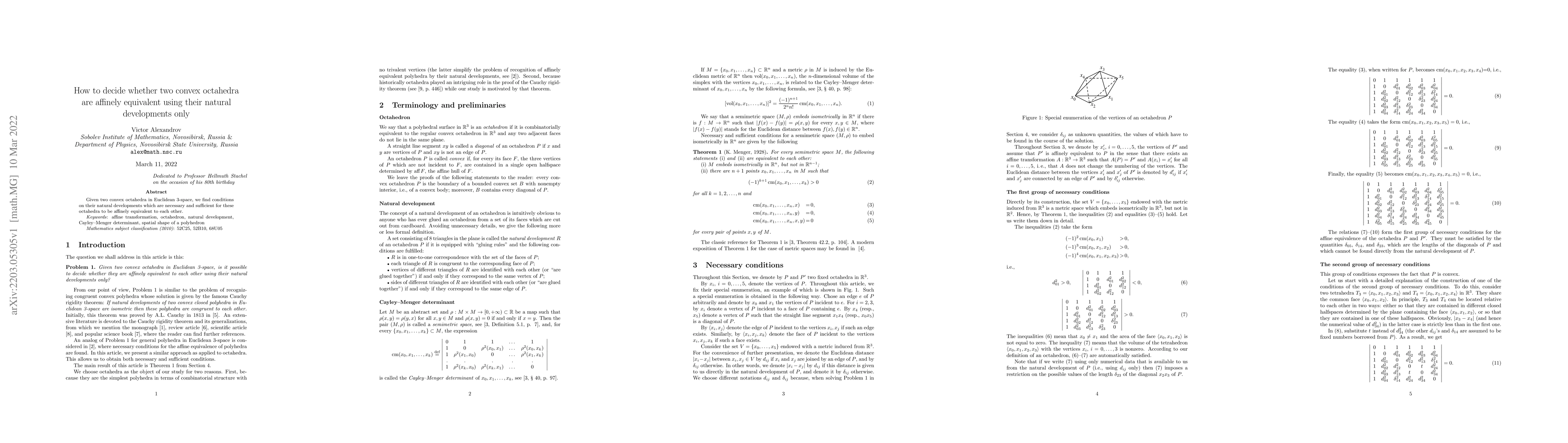 Thumbnail for How to decide whether two convex octahedra are affinely equivalent using
  their natural developments only