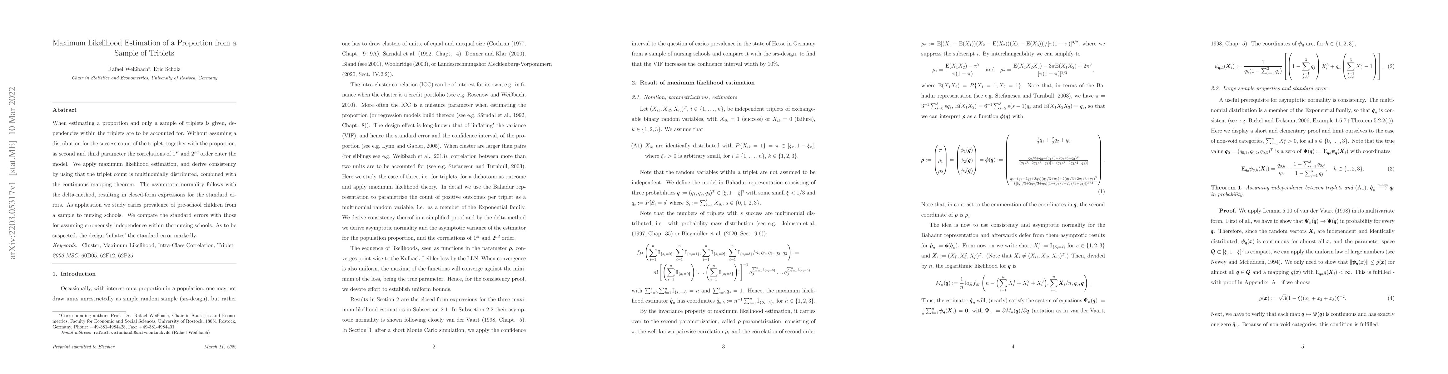 Thumbnail for Maximum Likelihood Estimation of a Proportion from a Sample of Triplets