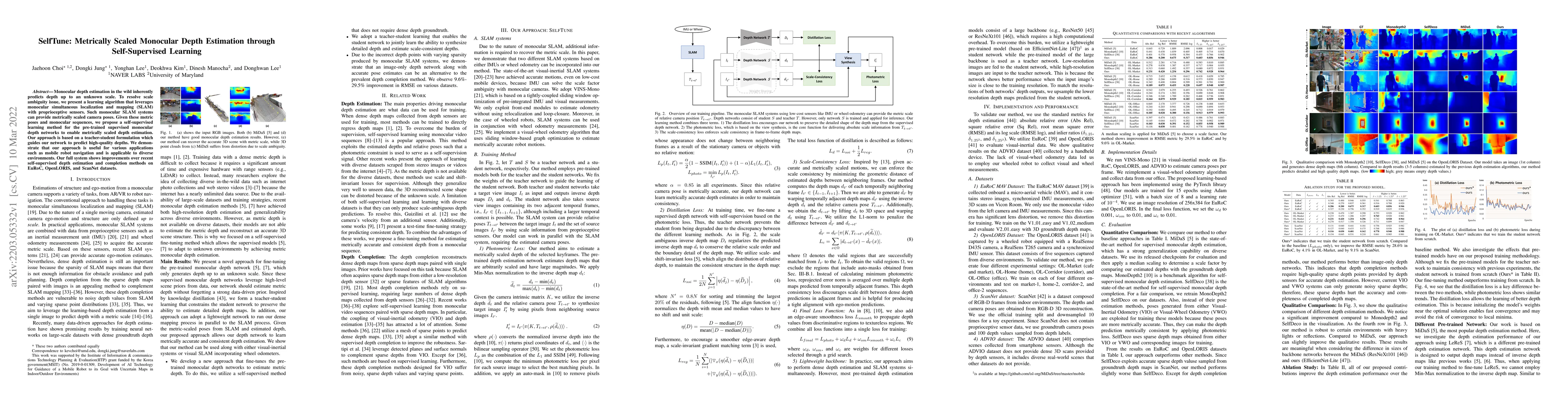 Thumbnail for SelfTune: Metrically Scaled Monocular Depth Estimation through
  Self-Supervised Learning
