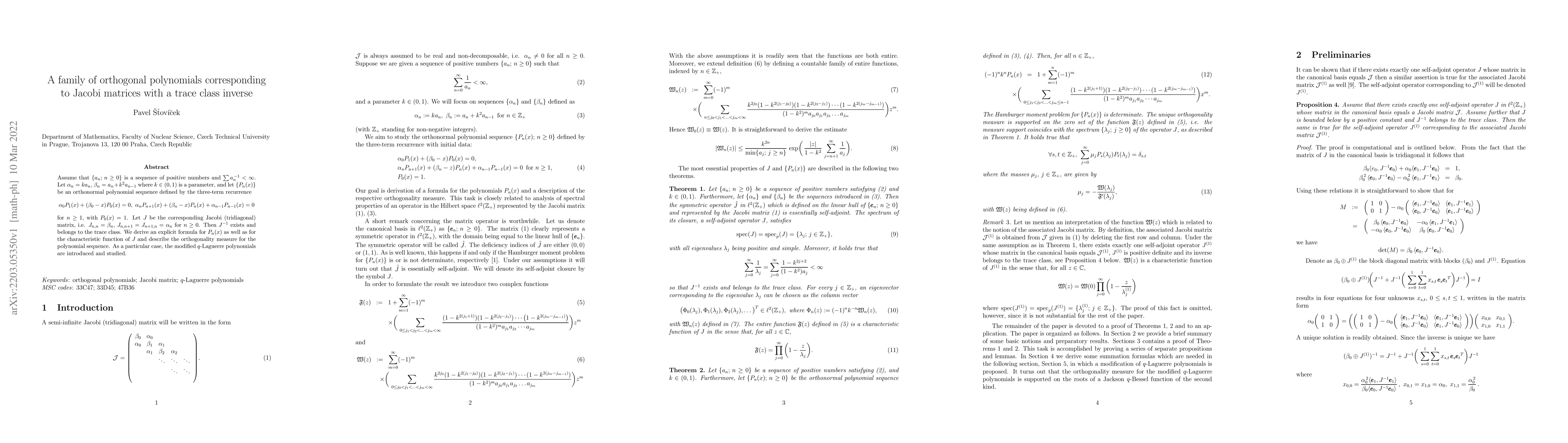 Thumbnail for A family of orthogonal polynomials corresponding to Jacobi matrices with
  a trace class inverse