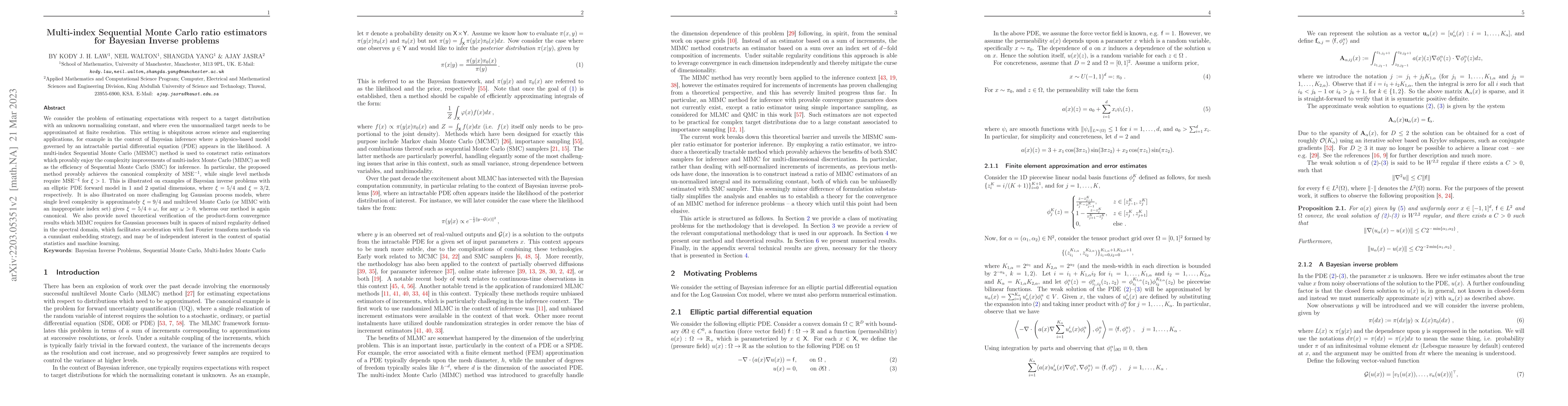 Thumbnail for Multi-index Sequential Monte Carlo ratio estimators for Bayesian Inverse
  problems