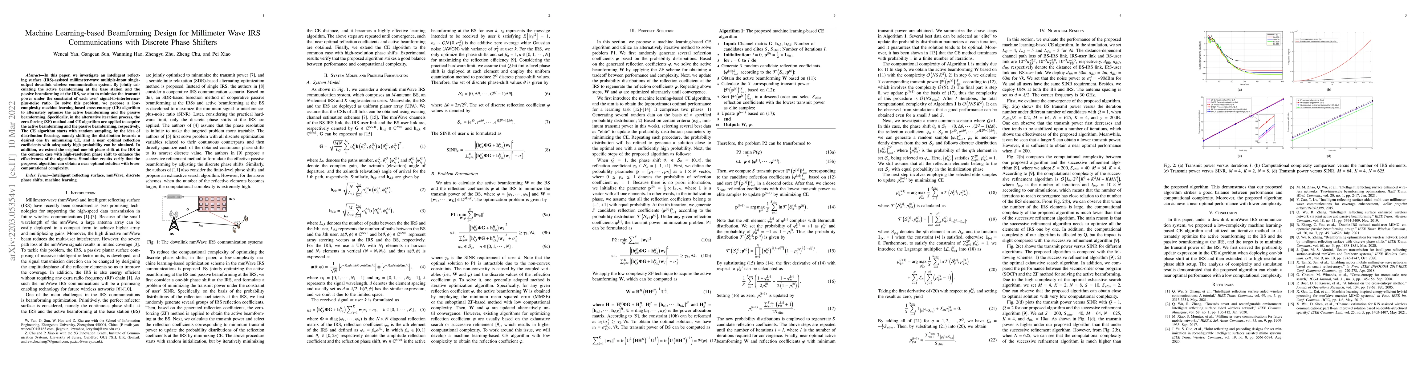 Thumbnail for Machine Learning-based Beamforming Design for Millimeter Wave IRS
  Communications with Discrete Phase Shifters