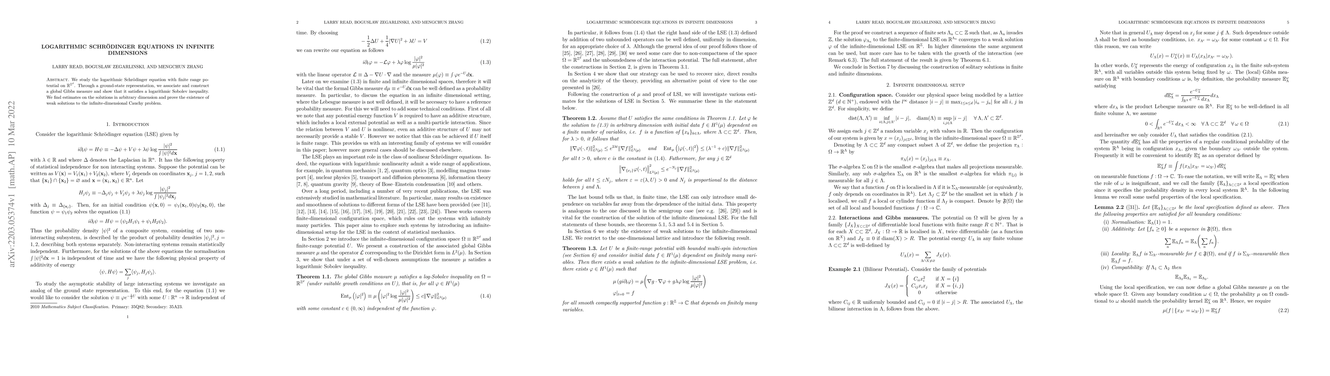 Thumbnail for Logarithmic Schr\"odinger Equations in Infinite Dimensions