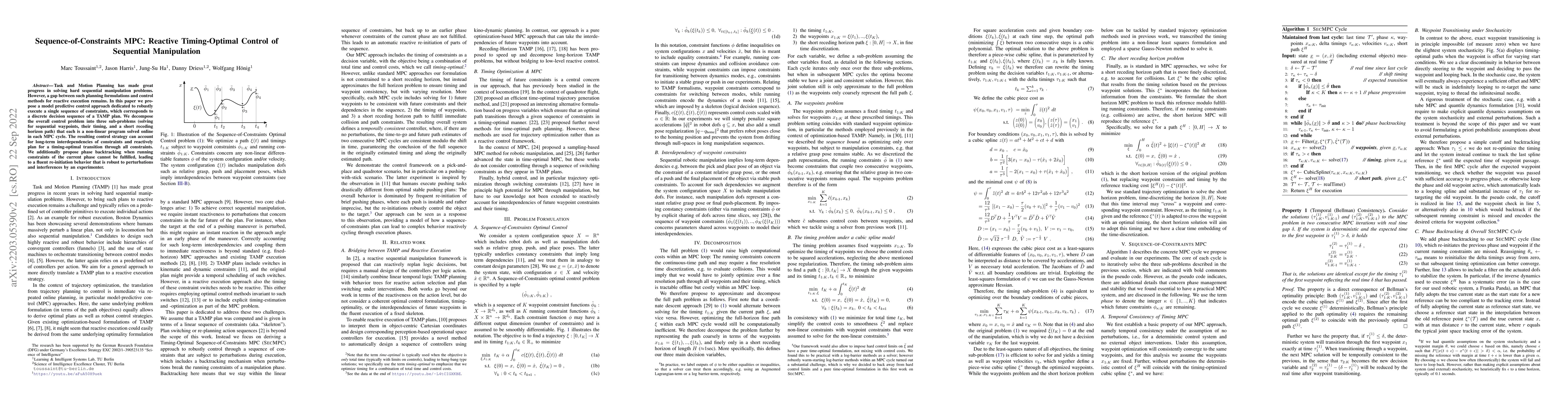 Thumbnail for Sequence-of-Constraints MPC: Reactive Timing-Optimal Control of
  Sequential Manipulation