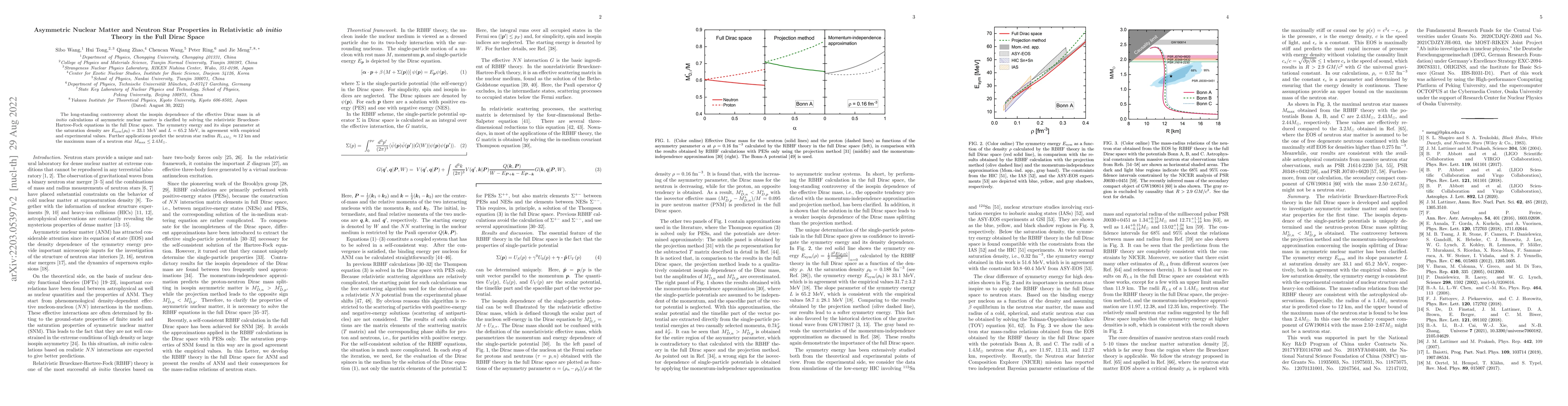 Thumbnail for Asymmetric Nuclear Matter and Neutron Star Properties in Relativistic ab
  initio Theory in the Full Dirac Space