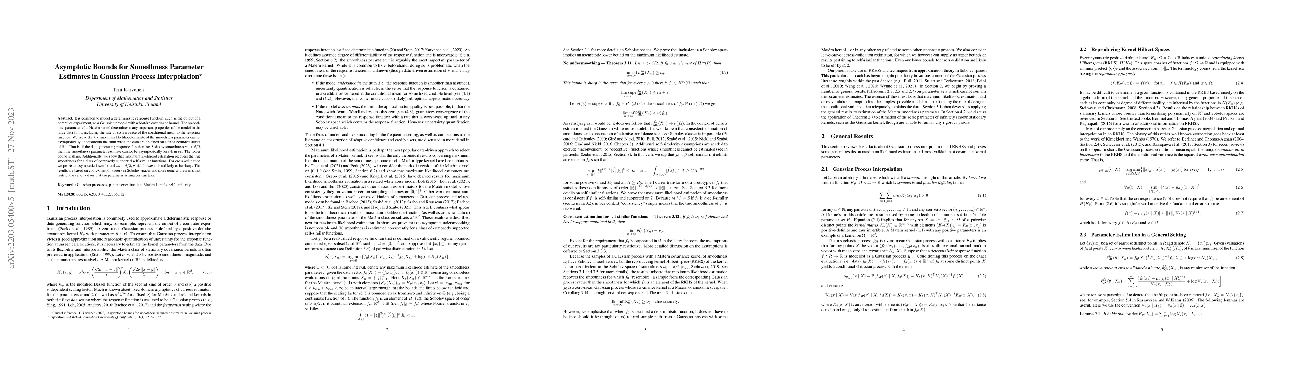 Thumbnail for Asymptotic Bounds for Smoothness Parameter Estimates in Gaussian Process
  Interpolation