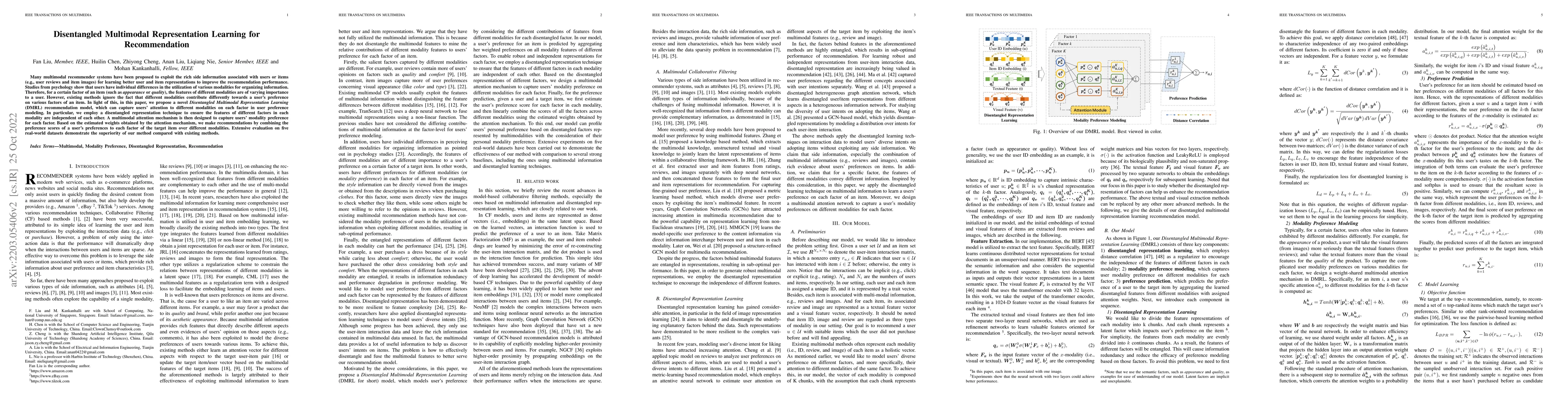 Thumbnail for Disentangled Multimodal Representation Learning for Recommendation
