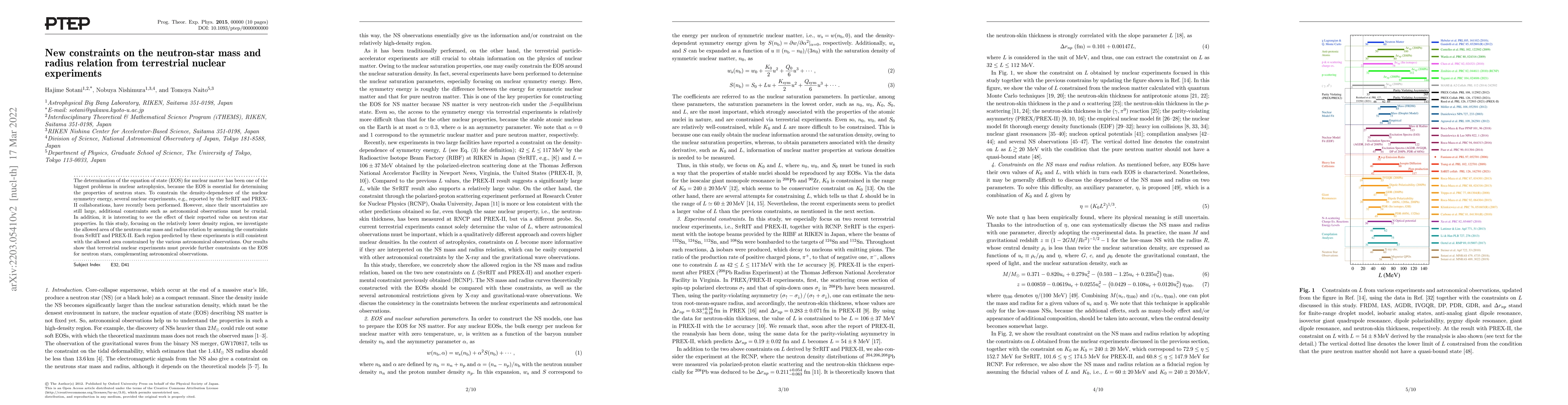 Thumbnail for New constraints on the neutron-star mass and radius relation from
  terrestrial nuclear experiments
