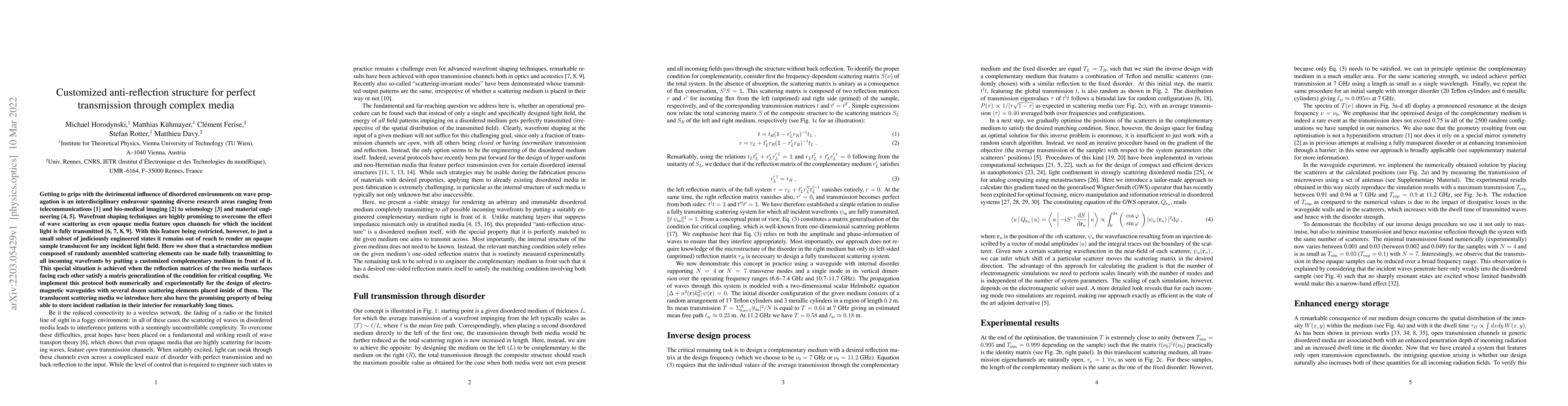 Thumbnail for Customized anti-reflection structure for perfect transmission through
  complex media